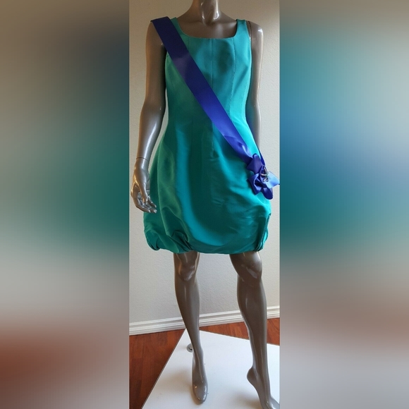 *$6,000 OSCAR DE LA RENTA AQUA SILK BUBBLE HEM PICASSO RUNWAY DRESS US 8 - Picture 6 of 11